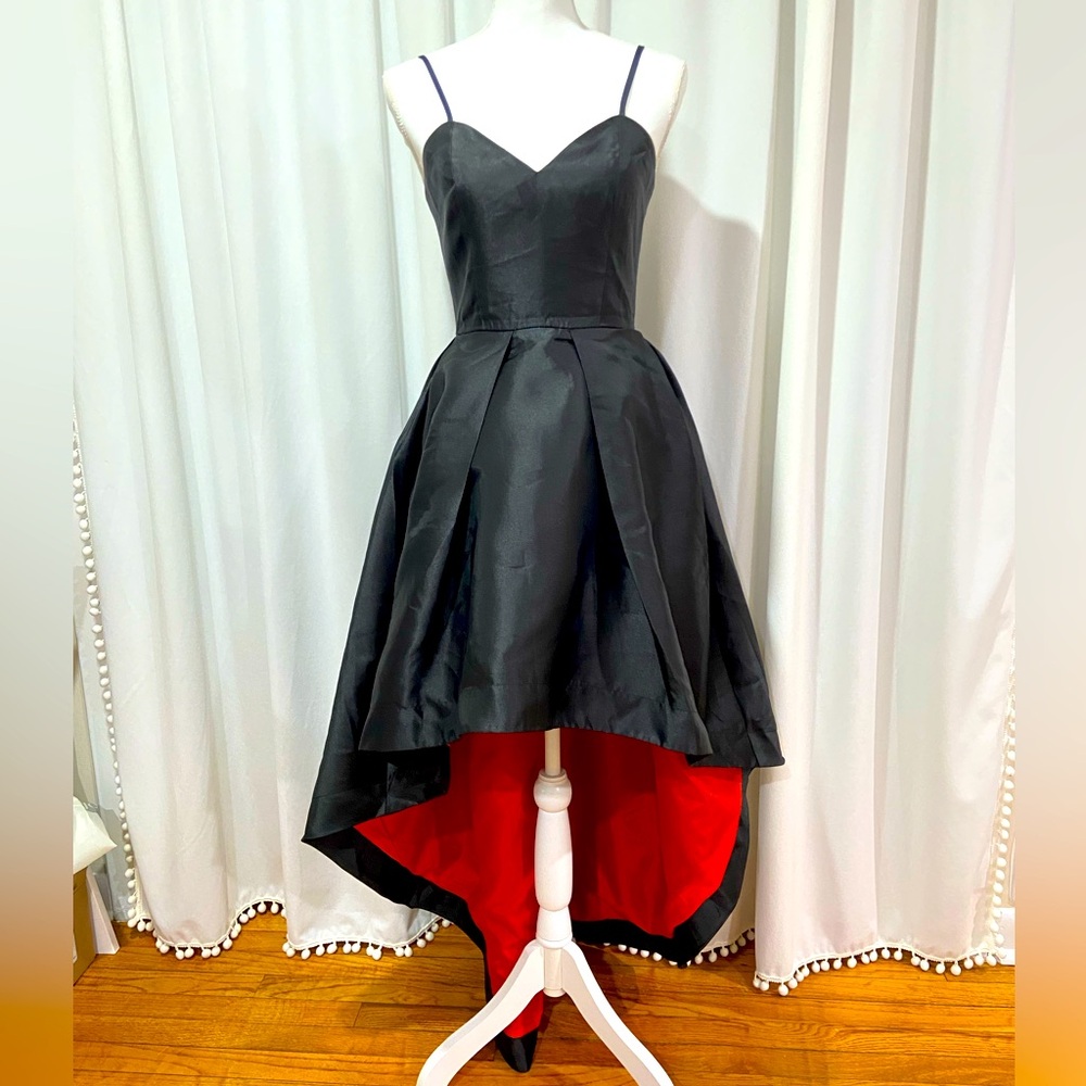 Black High-Low Dress with Dramatic Red Lining
